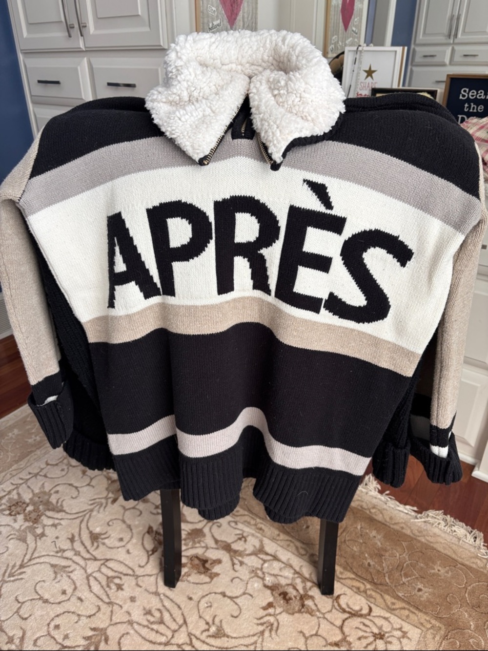 Show Me Your MuMu APRÈS Striped Sherpa-Collar Sweater - Black, Cream, Tan